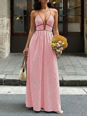 Striped Pink Halter Maxi Dress - Women's Summer Dress